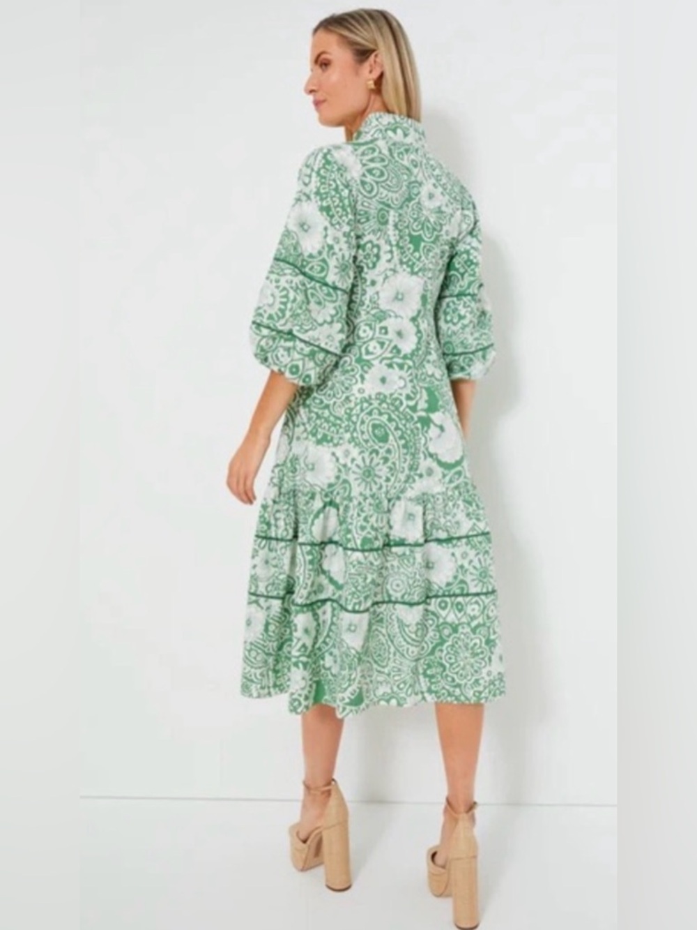 Hyacinth House Green Cuffed Sleeve Sundress with Mandarin Collar. Snall - Picture 3 of 13